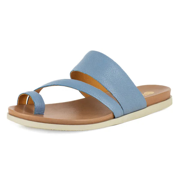 Blue sandal with off white sole on a white background