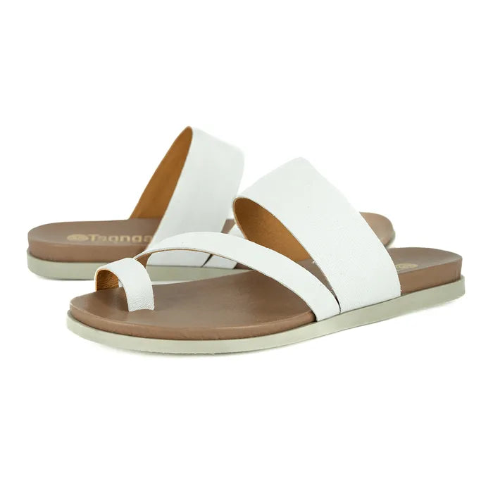 White sandals with brown soles on a white background