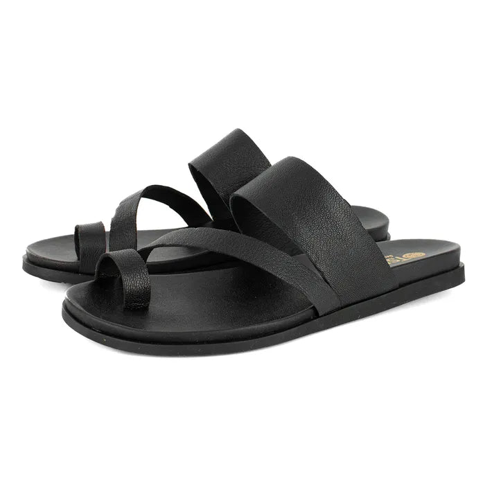 Black sandals with multiple straps on a white background