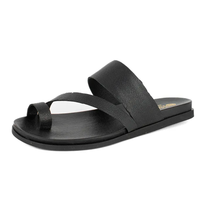 Black sandal with two straps on a white background