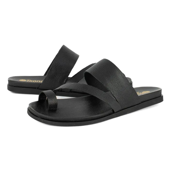 Black sandals with a brand logo on a white background
