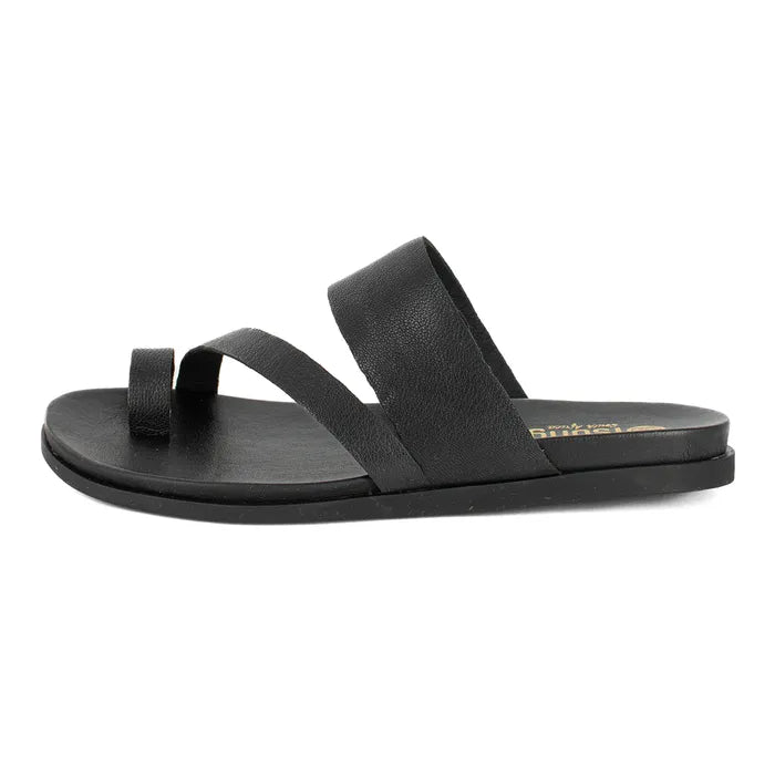 Black sandal with two straps on a white background