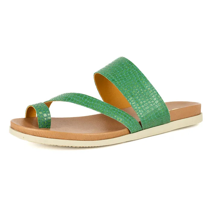 Green sandal with brown sole on a white background