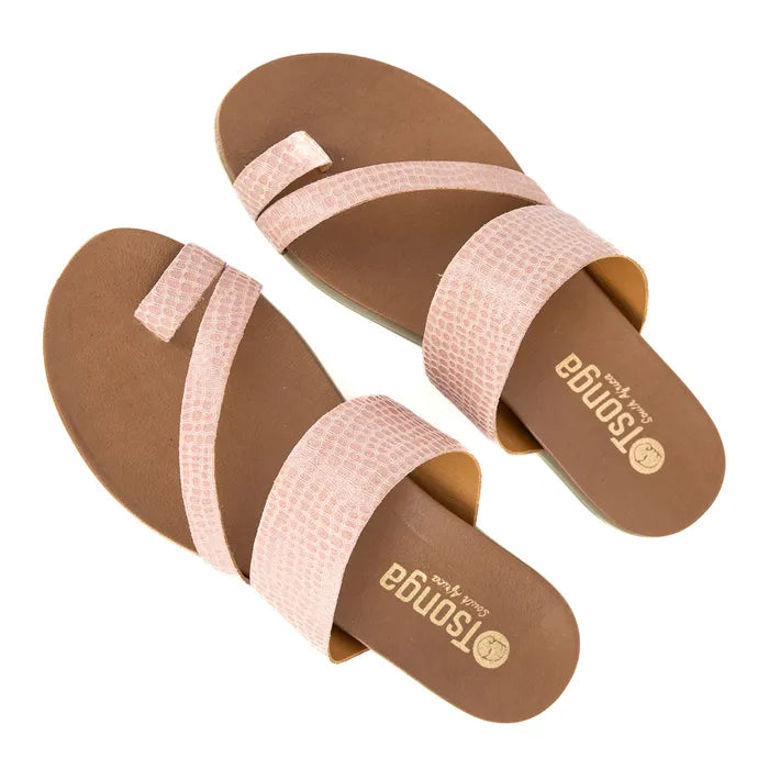 Pair of sandals with pink straps on a white background