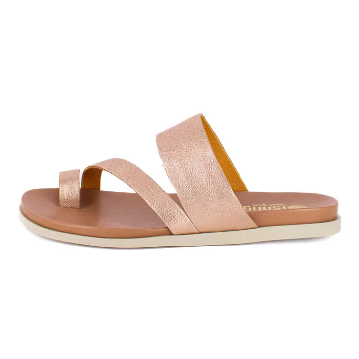 Rose gold sandal with a white sole on a white background