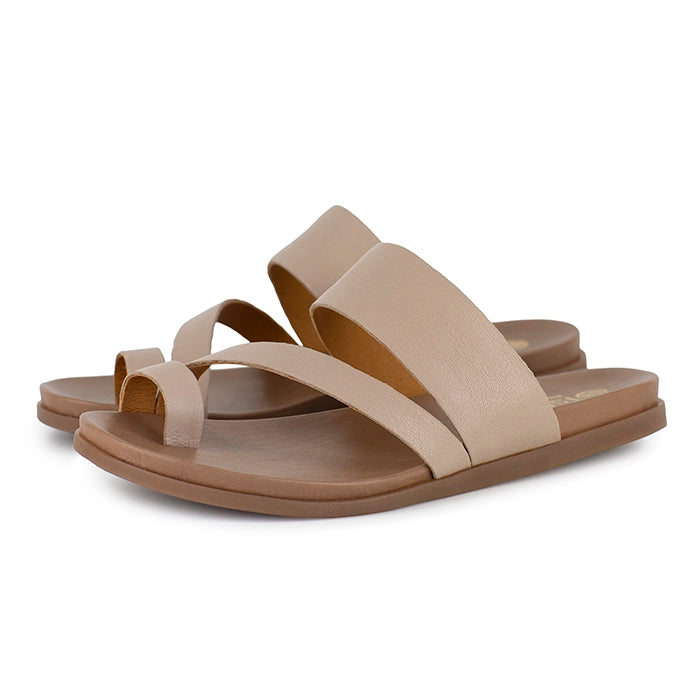 Beige sandals with multiple straps on a white background