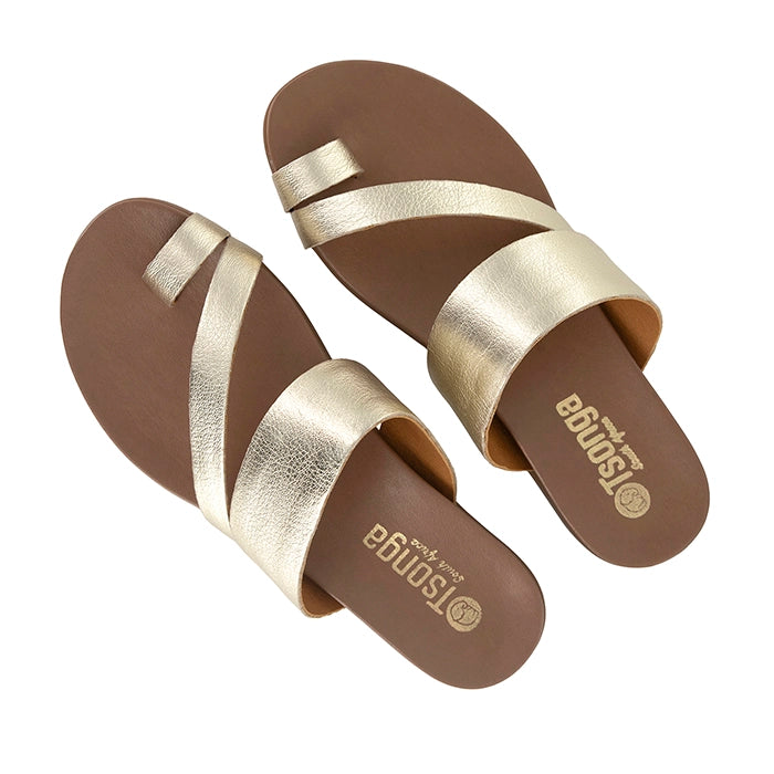 Pair of gold and tan sandals with 'Tsonga' branding on a white background