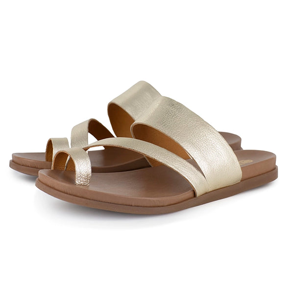 Gold sandals with tan soles on a white background