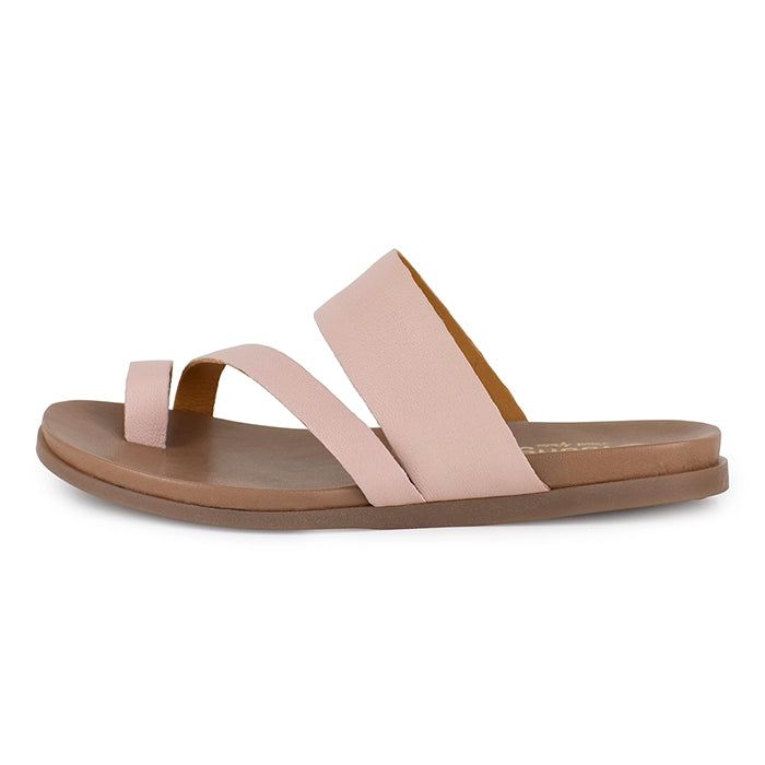 Pink sandal with a brown sole on a white background