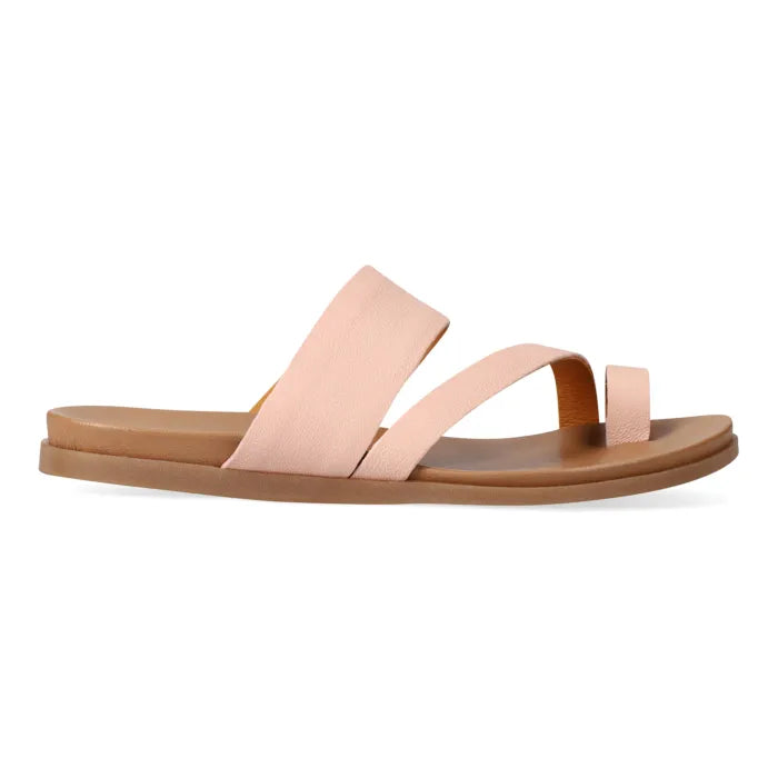 Pair of light pink sandals on a white background