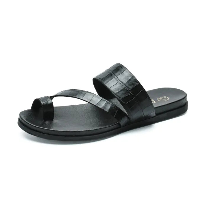 A single black sandal with 'Tsonga' branding on a white background