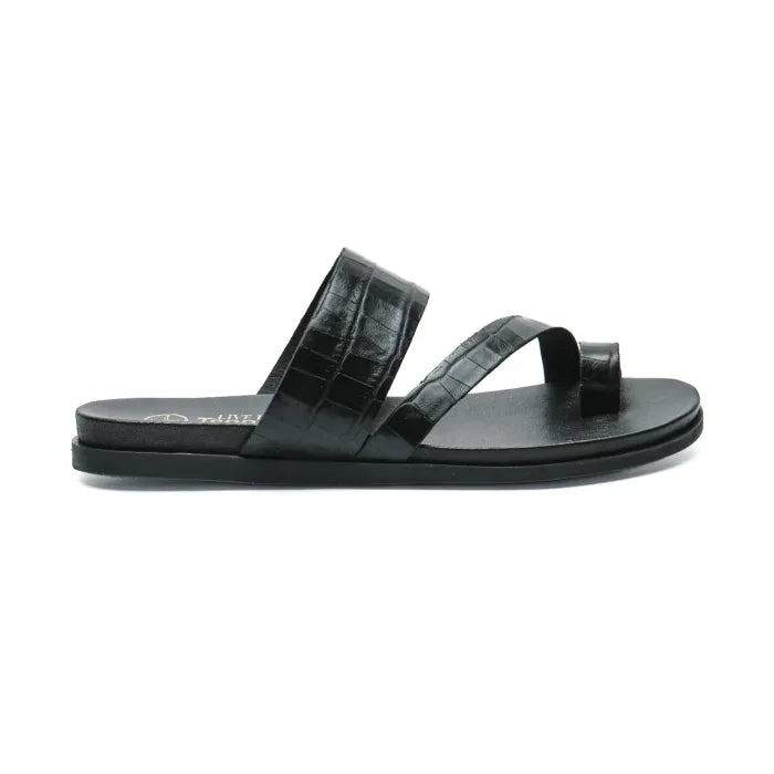 A single black sandal with 'Tsonga' branding on a white background