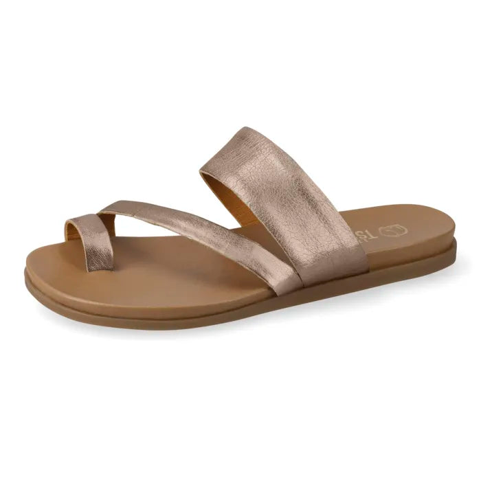 A metallic rose gold slide sandal with two straps and a tan footbed, shown from a side profile on a white background.