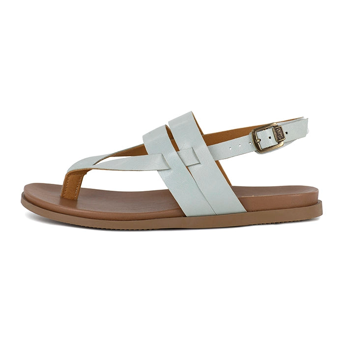 Pale blue sandal with brown sole on a white background
