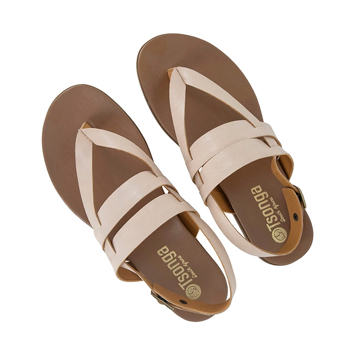 Pair of pink sandals with 'Tsonga' branding on a white background