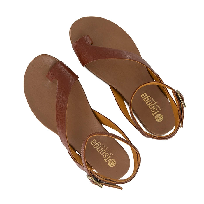 Pair of brown sandals with 'Tsonga' branding on a white background