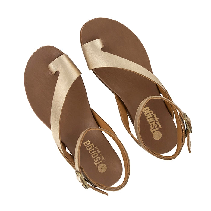 Pair of gold sandals with gold straps on a white background