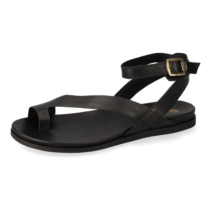 Pair of black sandals with ankle strap on a white background