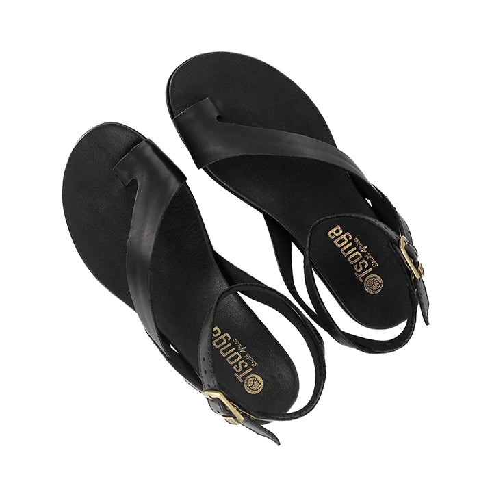 Pair of black sandals with 'Tsonga' branding on a white background