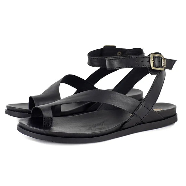 Black sandals with multiple straps on a white background