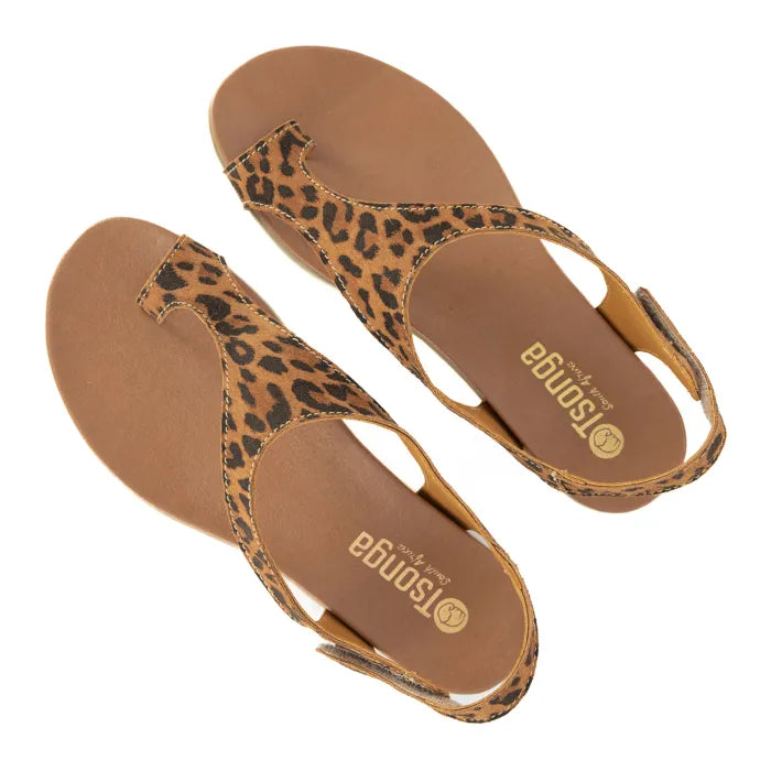 Pair of leopard print sandals with 'Tsonga' branding on a white background