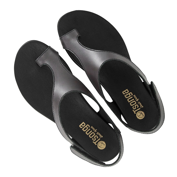 Pair of silver sandals with 'Tsonge' branding on a white background