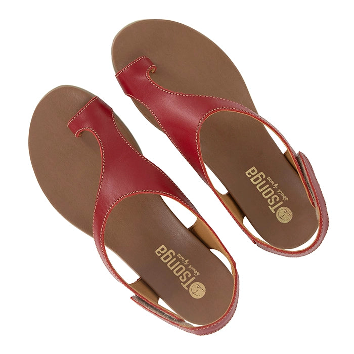 Pair of red sandals with 'Tsonga' branding on a white background