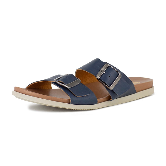 Navy sandal with beige sole on a white background
