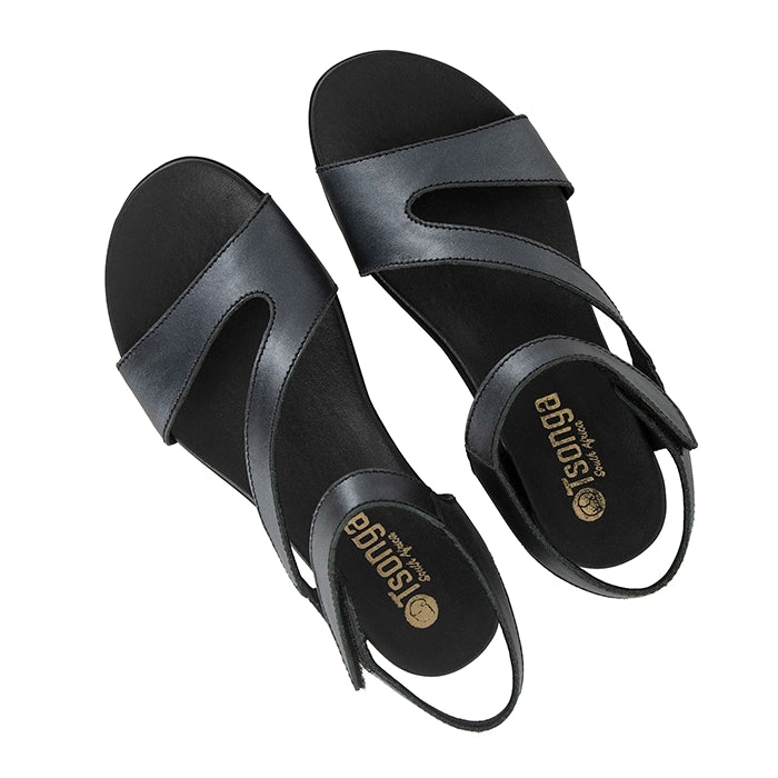 Black sandals with 'Tsonga' branding on a white background