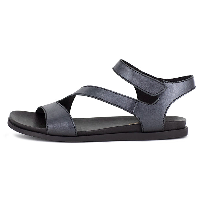 Black sandal with multiple straps on a white background