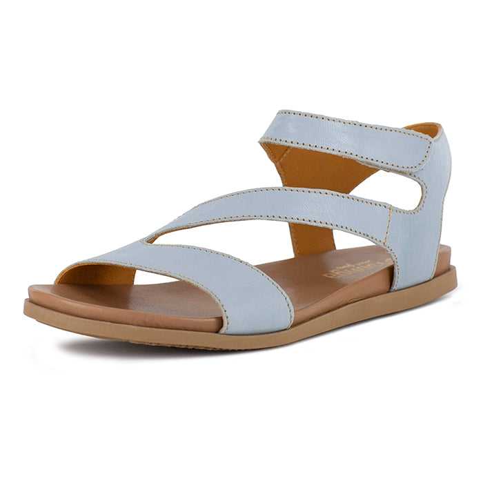 Light blue sandal with brown sole on a white background
