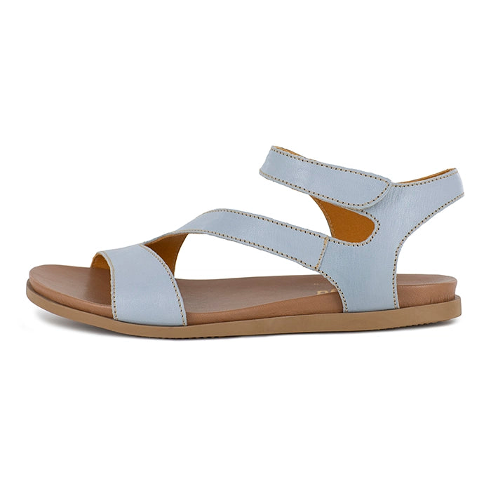 Light blue sandal with brown sole on a white background