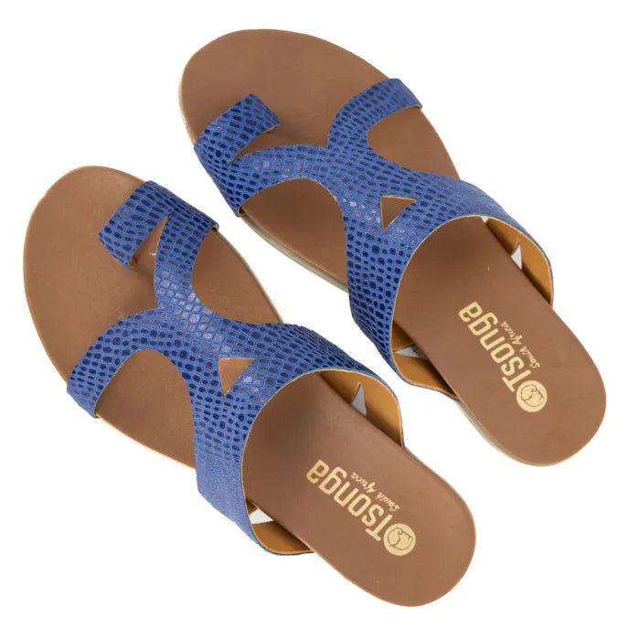 Blue sandals with brown soles on a white background