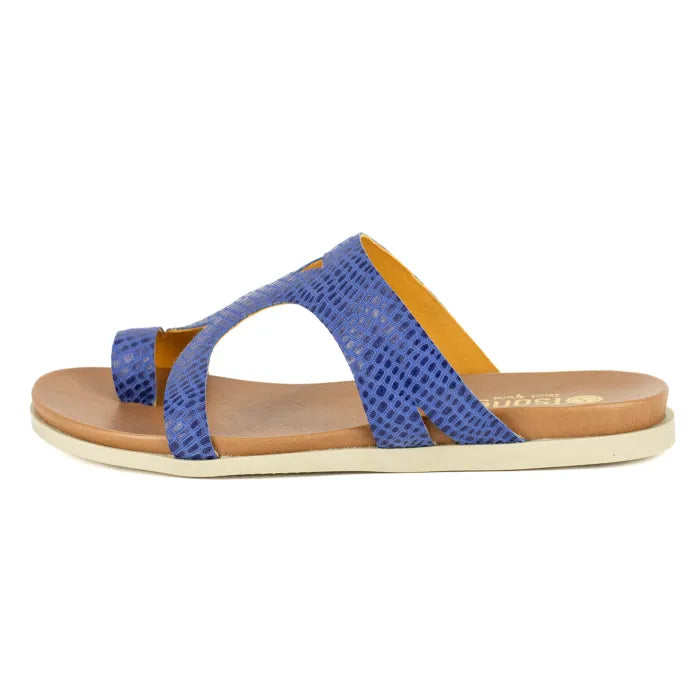 Blue sandal with a brown sole on a white background