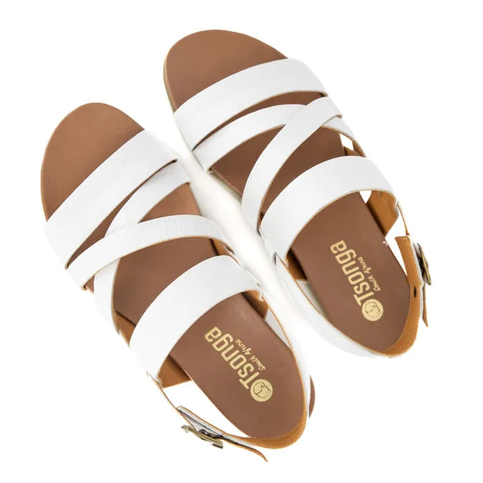 Pair of sandals with white straps and brown soles on a white background