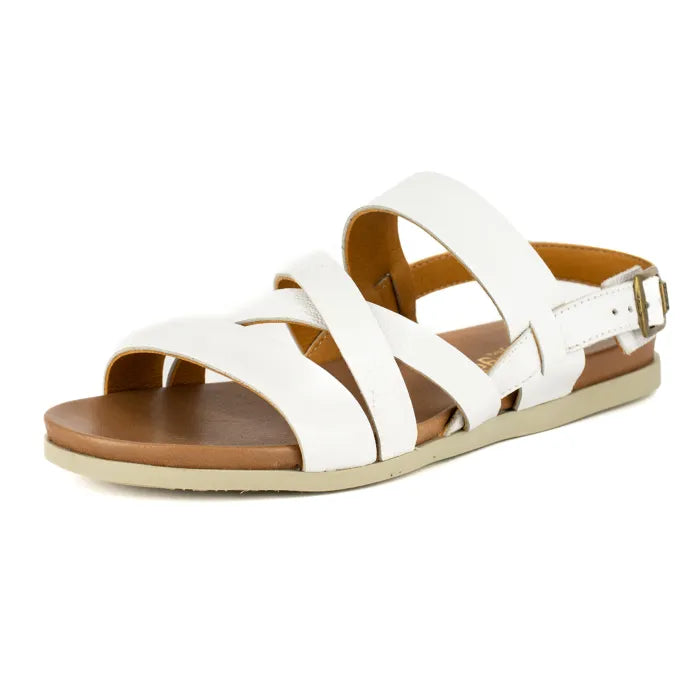 White sandal with brown sole on a white background
