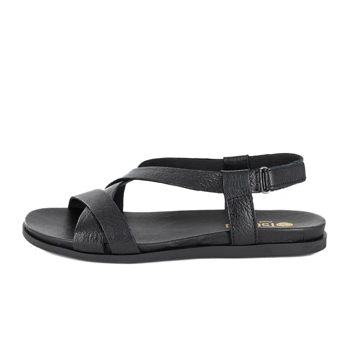 Black sandal with multiple straps on a white background
