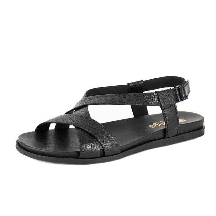 Black sandal with criss-cross straps on a white background