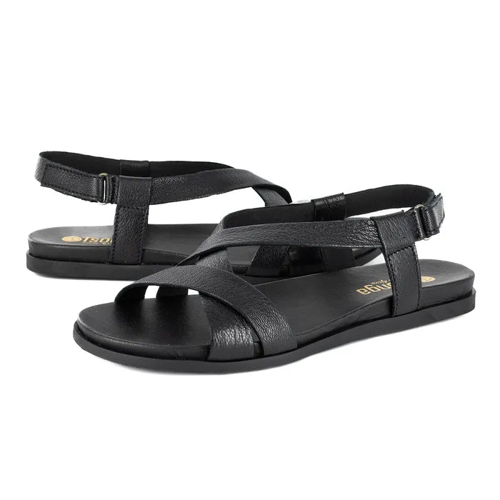 Black sandals with multiple straps on a white background