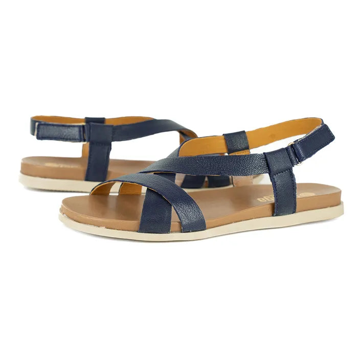 Navy sandals with tan soles on a white background