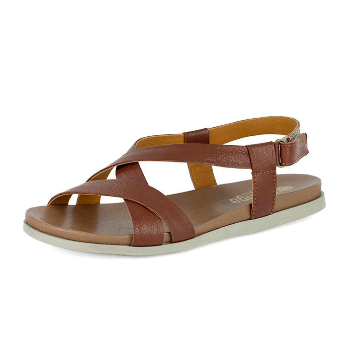 Brown sandal with a white sole on a white background