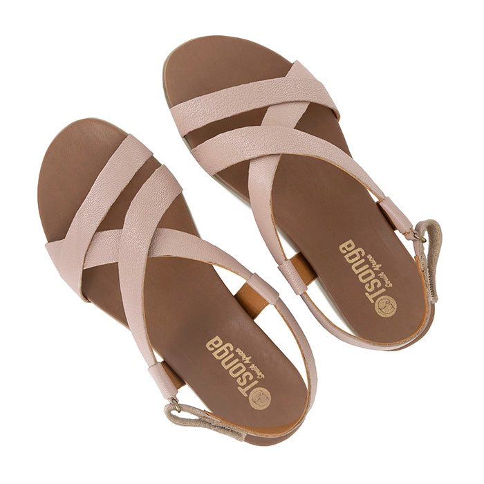Pair of Pink sandals with 'Tsonga' branding on a white background