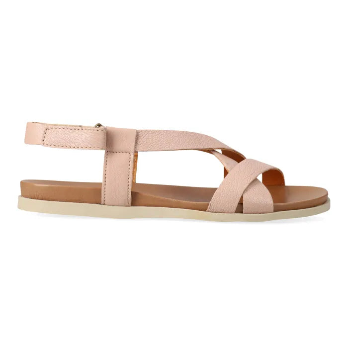 Pink sandals with multiple straps on a white background