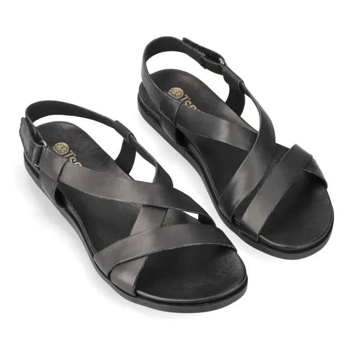 Pair of black sandals on a white background