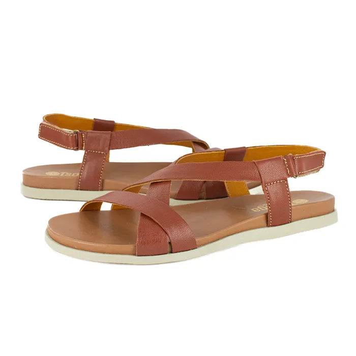 Pair of brown sandals with white soles on a white background