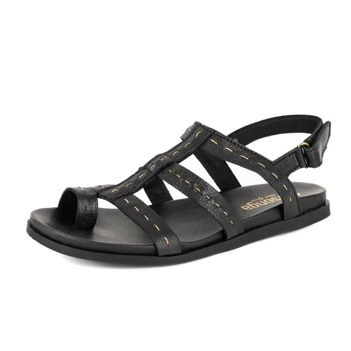 Black sandal with criss-cross straps on a white background
