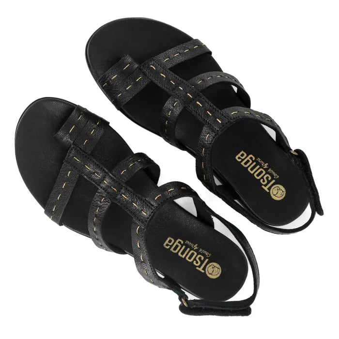 Pair of black sandals with multiple straps on a white background
