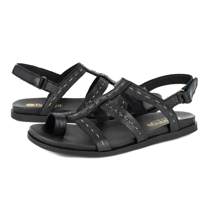 Black sandals with multiple straps on a white background