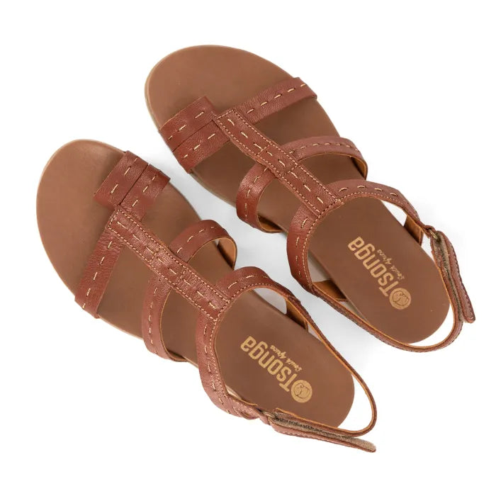 Pair of brown sandals with 'Tsonga' branding on a white background