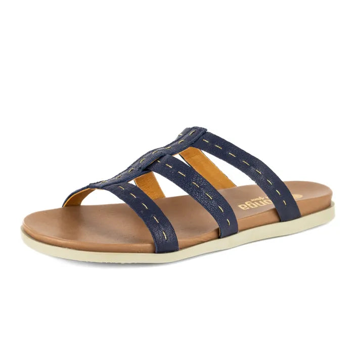 Navy sandal with tan sole on a white background